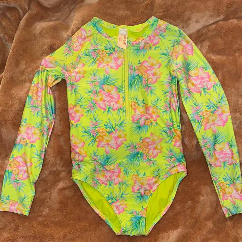 Girls' Neon Lime Floral Long-Sleeve Rash Guard Swimsuit